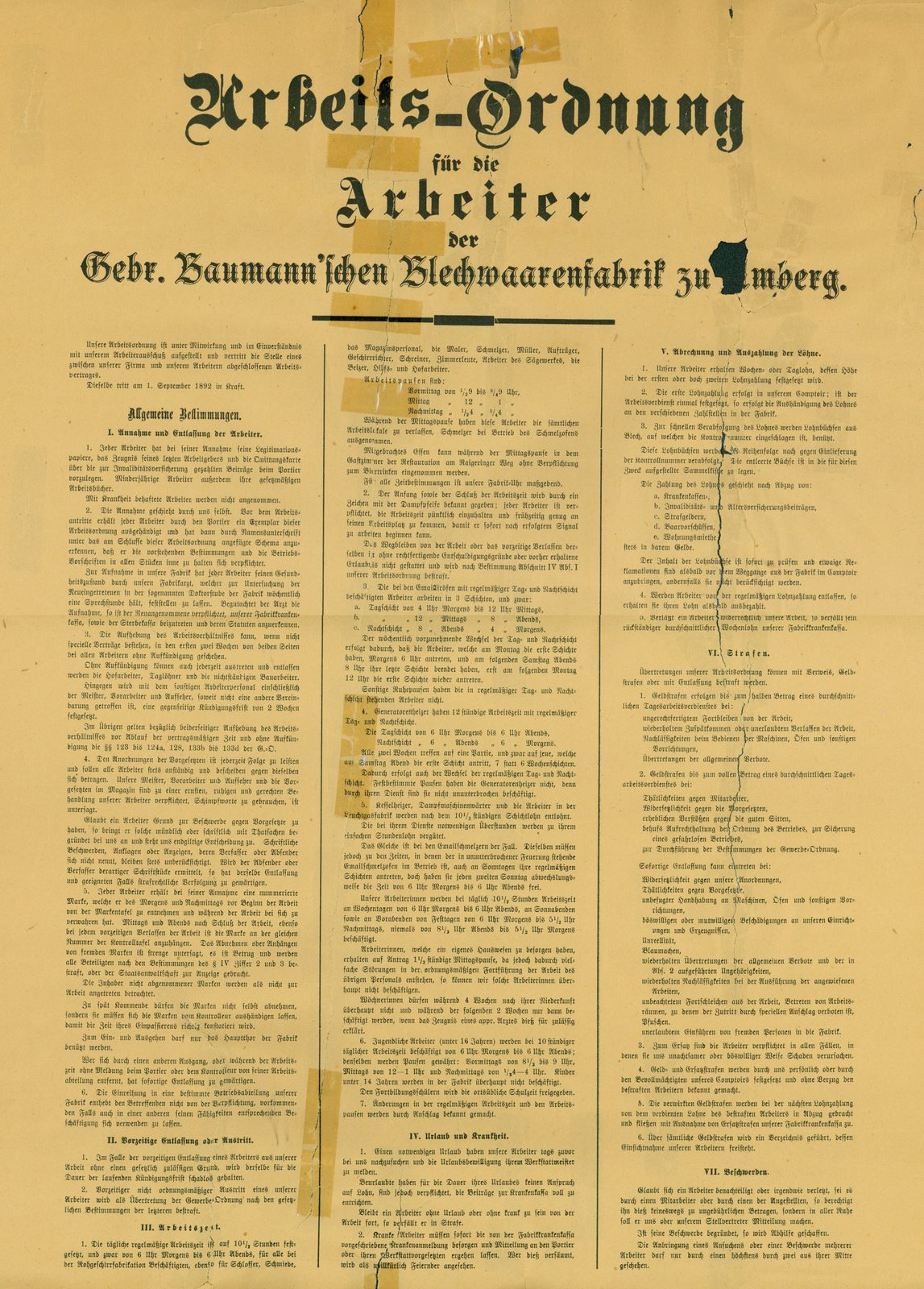 Arbeitsordnung 1.September 1892 [Gaststätte Kummert]